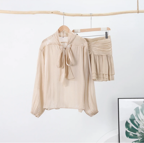 New Fancy Bow Long Sleeves Shirts With  Mini Skirt Set CODE: KAR3916