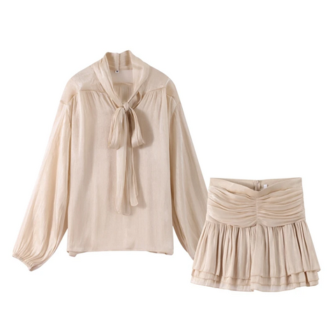 New Fancy Bow Long Sleeves Shirts With  Mini Skirt Set CODE: KAR3916