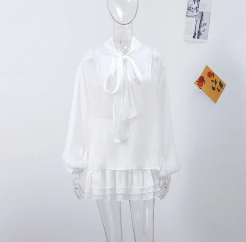 New Fancy Bow Long Sleeves Shirts With  Mini Skirt Set CODE: KAR3916