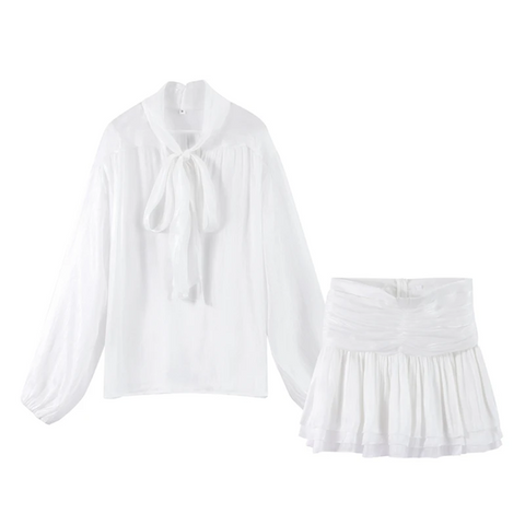 New Fancy Bow Long Sleeves Shirts With  Mini Skirt Set CODE: KAR3916