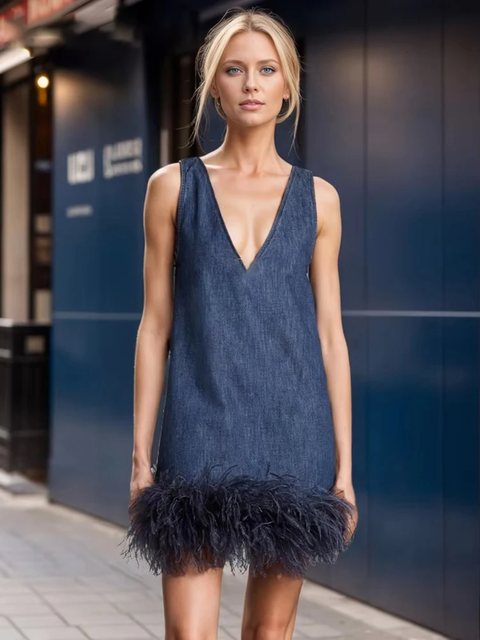 New style V Neck Sleeveless Solid Patchwork Feathers Pullover Mini Dress CODE: KAR3920