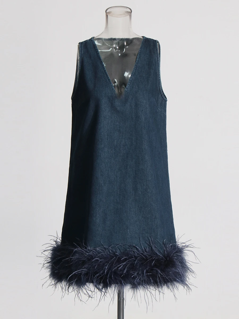 New style V Neck Sleeveless Solid Patchwork Feathers Pullover Mini Dress CODE: KAR3920