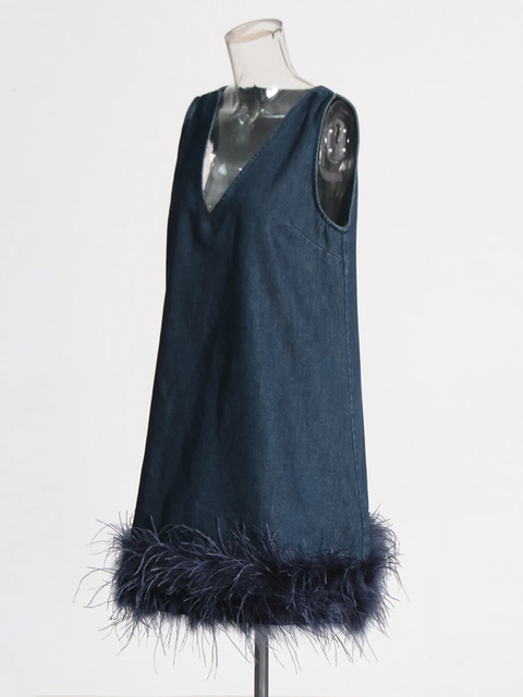 New style V Neck Sleeveless Solid Patchwork Feathers Pullover Mini Dress CODE: KAR3920