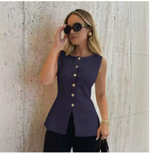 New Fashion Metal Buckle Split Knitted Vest and Skirt Set CODE: KAR3928