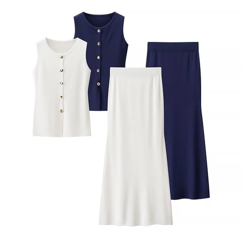 New Fashion Metal Buckle Split Knitted Vest and Skirt Set CODE: KAR3928
