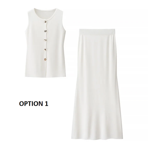 New Fashion Metal Buckle Split Knitted Vest and Skirt Set CODE: KAR3928