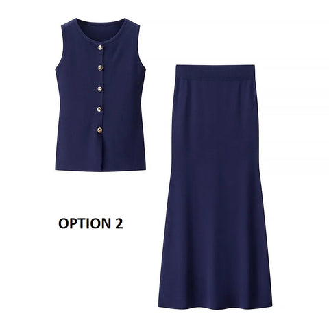 New Fashion Metal Buckle Split Knitted Vest and Skirt Set CODE: KAR3928
