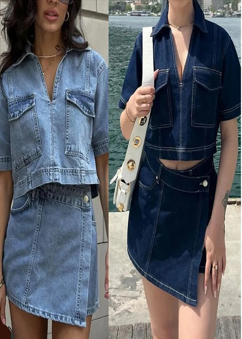 New short Sleeve Lapel Neck Cropped Jean Pullover Tops + Button High Waist Shorts Set CODE: KAR3929