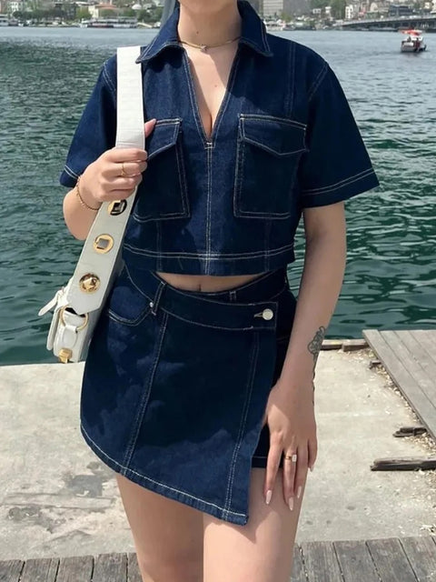 New short Sleeve Lapel Neck Cropped Jean Pullover Tops + Button High Waist Shorts Set CODE: KAR3929