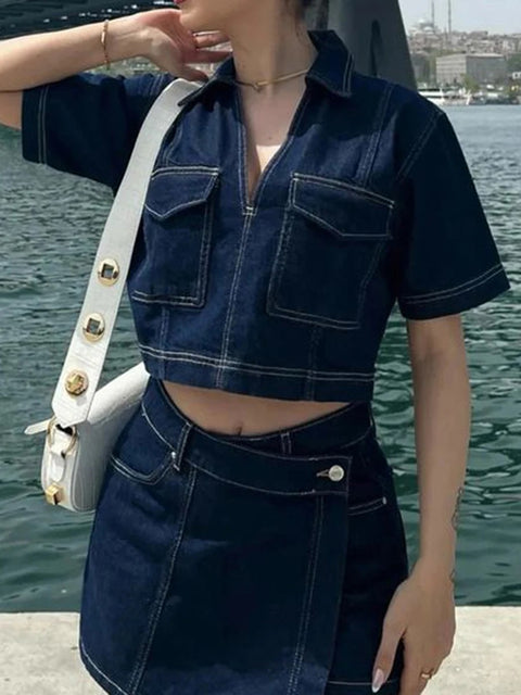 New short Sleeve Lapel Neck Cropped Jean Pullover Tops + Button High Waist Shorts Set CODE: KAR3929