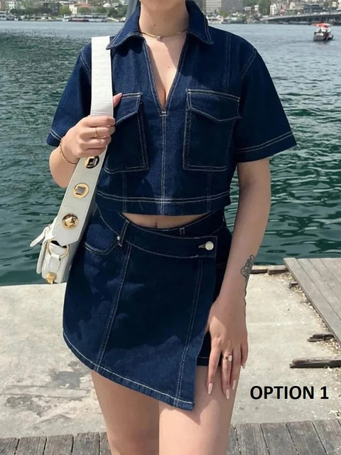 New short Sleeve Lapel Neck Cropped Jean Pullover Tops + Button High Waist Shorts Set CODE: KAR3929