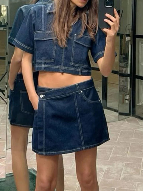 New short Sleeve Lapel Neck Cropped Jean Pullover Tops + Button High Waist Shorts Set CODE: KAR3929