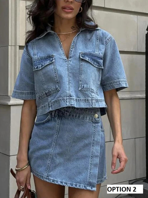 New short Sleeve Lapel Neck Cropped Jean Pullover Tops + Button High Waist Shorts Set CODE: KAR3929