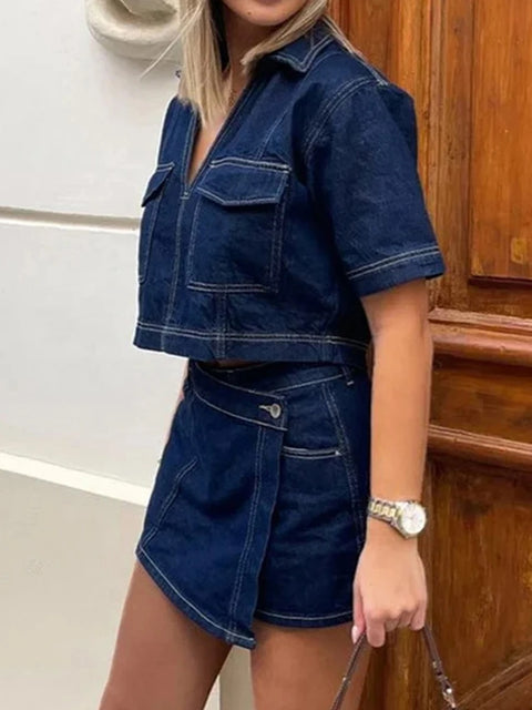 New short Sleeve Lapel Neck Cropped Jean Pullover Tops + Button High Waist Shorts Set CODE: KAR3929