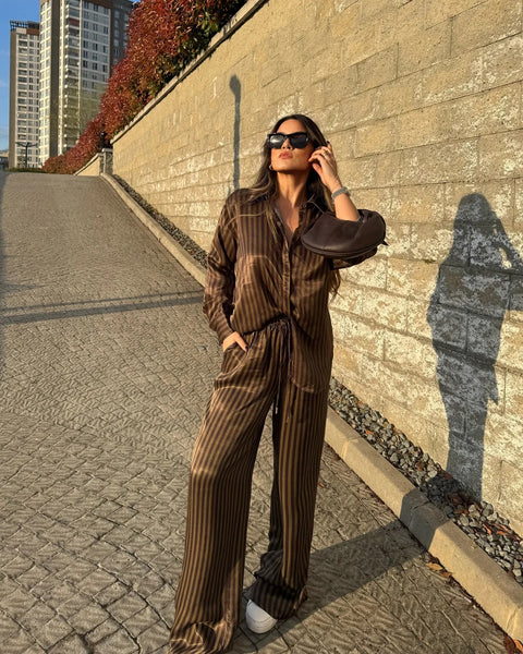New Fashion Casual Loose Striped Pants Lapel Long Full Sleeve Shirt CODE: KAR3930