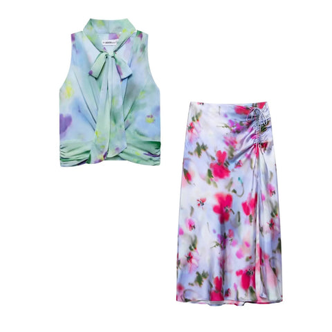 New Fashion Casual Printed Tank Top with Bowknot and Midi Pencil Skirt 2 Pieces Sets CODE: KAR3931