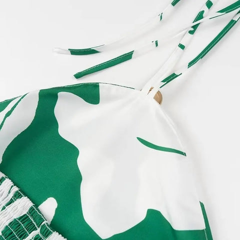 New Fashion Printed Off-Shoulder Backless Lace-Up Crop Top Elastic Waist Long Skirt Set CODE: KAR3933