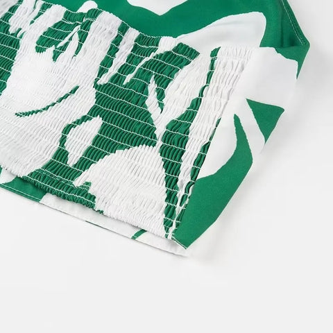 New Fashion Printed Off-Shoulder Backless Lace-Up Crop Top Elastic Waist Long Skirt Set CODE: KAR3933