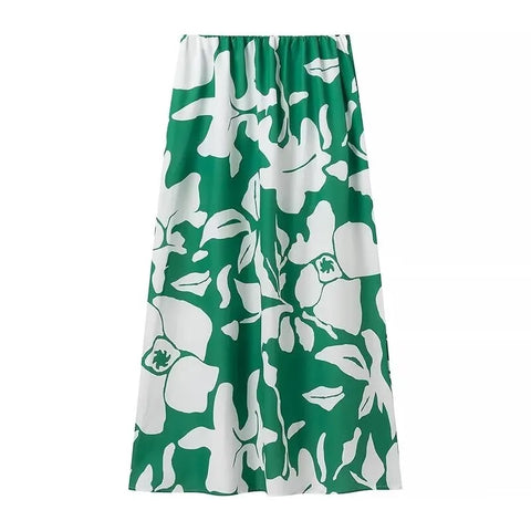 New Fashion Printed Off-Shoulder Backless Lace-Up Crop Top Elastic Waist Long Skirt Set CODE: KAR3933