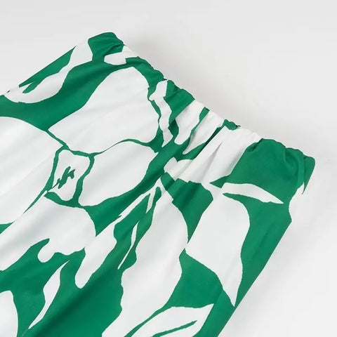 New Fashion Printed Off-Shoulder Backless Lace-Up Crop Top Elastic Waist Long Skirt Set CODE: KAR3933