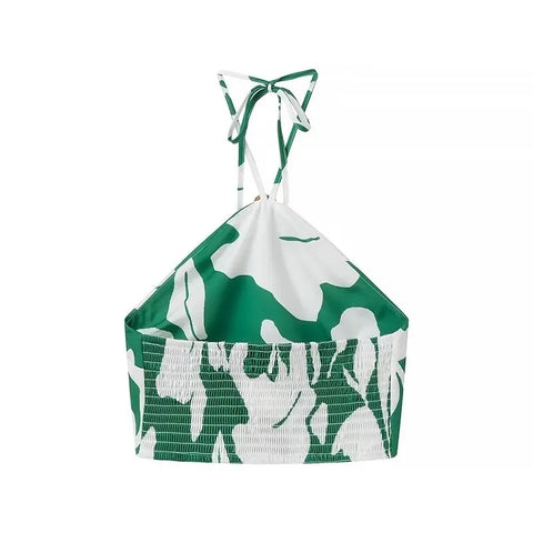 New Fashion Printed Off-Shoulder Backless Lace-Up Crop Top Elastic Waist Long Skirt Set CODE: KAR3933