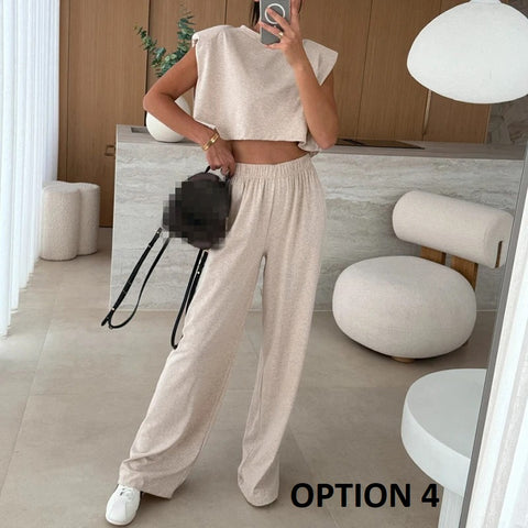 New Fashion O-neck With Solid Shoulder Pad Sleeveless Shirt Pant Two Piece Set CODE: KAR3934