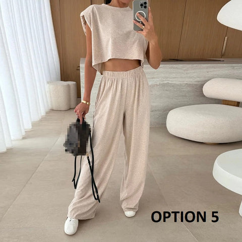 New Fashion O-neck With Solid Shoulder Pad Sleeveless Shirt Pant Two Piece Set CODE: KAR3934
