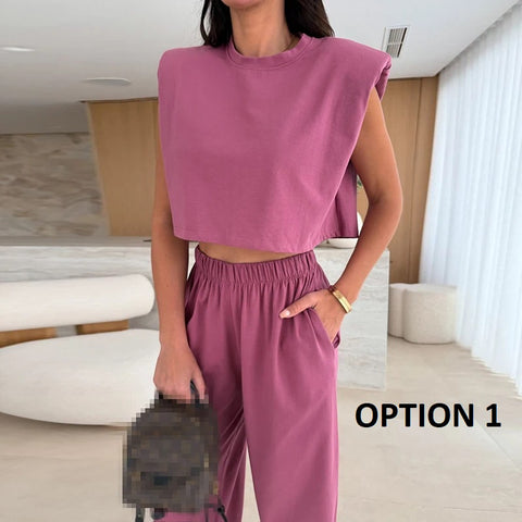 New Fashion O-neck With Solid Shoulder Pad Sleeveless Shirt Pant Two Piece Set CODE: KAR3934