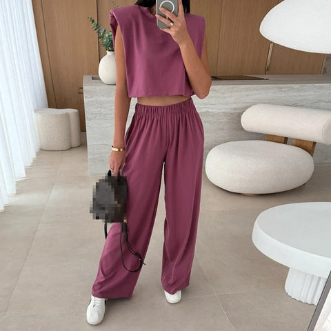 New Fashion O-neck With Solid Shoulder Pad Sleeveless Shirt Pant Two Piece Set CODE: KAR3934