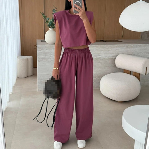New Fashion O-neck With Solid Shoulder Pad Sleeveless Shirt Pant Two Piece Set CODE: KAR3934