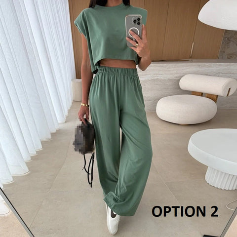 New Fashion O-neck With Solid Shoulder Pad Sleeveless Shirt Pant Two Piece Set CODE: KAR3934