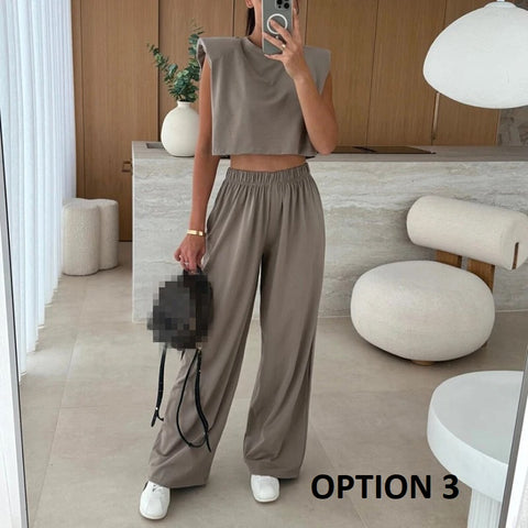 New Fashion O-neck With Solid Shoulder Pad Sleeveless Shirt Pant Two Piece Set CODE: KAR3934