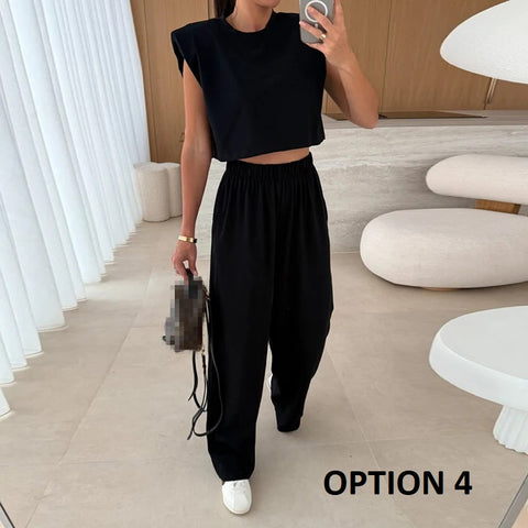 New Fashion O-neck With Solid Shoulder Pad Sleeveless Shirt Pant Two Piece Set CODE: KAR3934