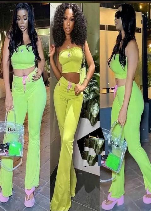 New Fashion Embroidery Crop Top + Drawstring Flared Pants 2 Piece Set CODE: KAR3935