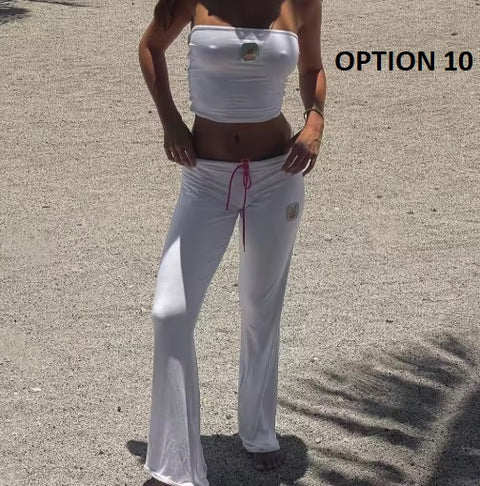New Fashion Embroidery Crop Top + Drawstring Flared Pants 2 Piece Set CODE: KAR3935