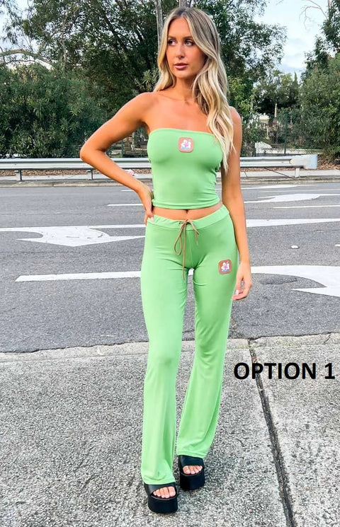 New Fashion Embroidery Crop Top + Drawstring Flared Pants 2 Piece Set CODE: KAR3935