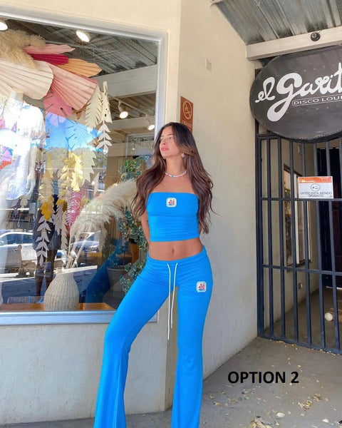 New Fashion Embroidery Crop Top + Drawstring Flared Pants 2 Piece Set CODE: KAR3935