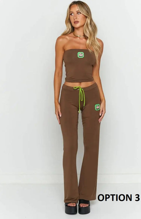 New Fashion Embroidery Crop Top + Drawstring Flared Pants 2 Piece Set CODE: KAR3935