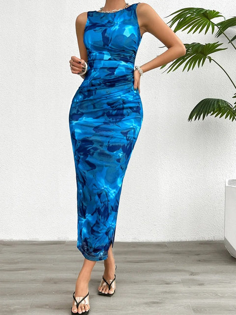 New Fashionable Printed Round Neck Style Sleeveless Tight Dress CODE: KAR3937