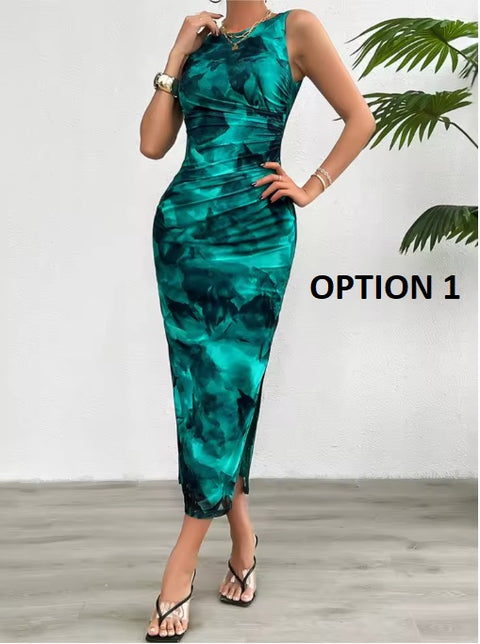 New Fashionable Printed Round Neck Style Sleeveless Tight Dress CODE: KAR3937