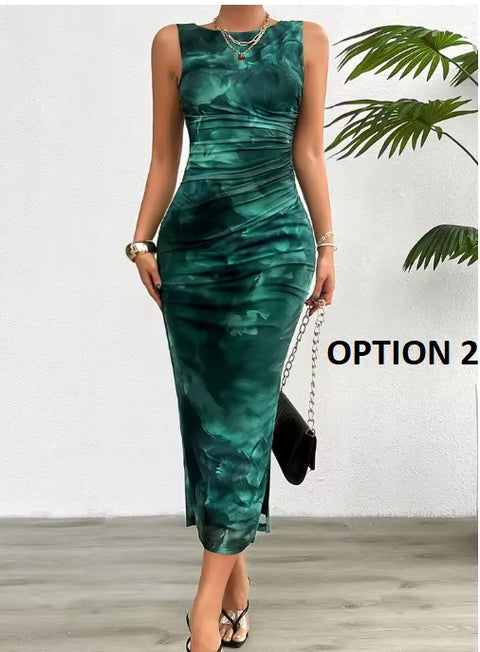New Fashionable Printed Round Neck Style Sleeveless Tight Dress CODE: KAR3937