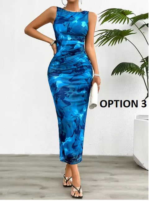 New Fashionable Printed Round Neck Style Sleeveless Tight Dress CODE: KAR3937