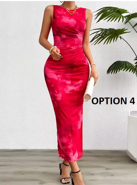 New Fashionable Printed Round Neck Style Sleeveless Tight Dress CODE: KAR3937