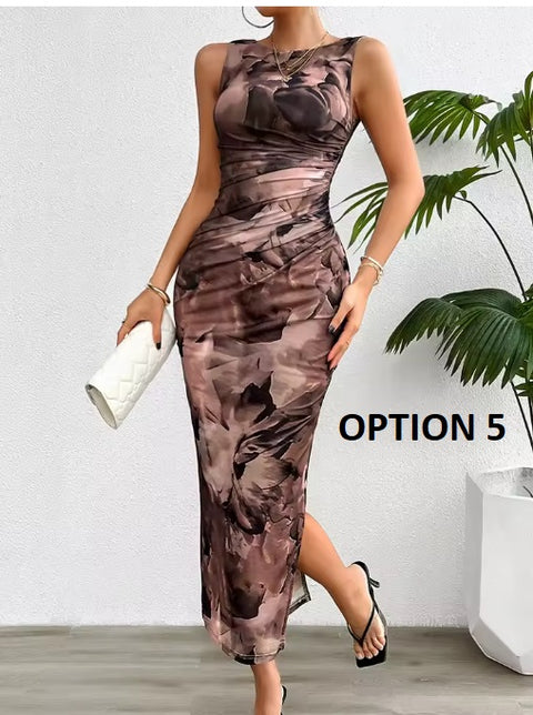 New Fashionable Printed Round Neck Style Sleeveless Tight Dress CODE: KAR3937