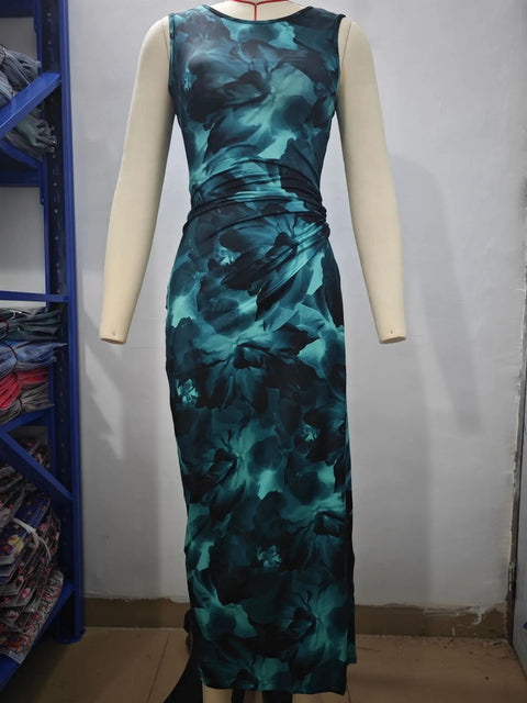New Fashionable Printed Round Neck Style Sleeveless Tight Dress CODE: KAR3937