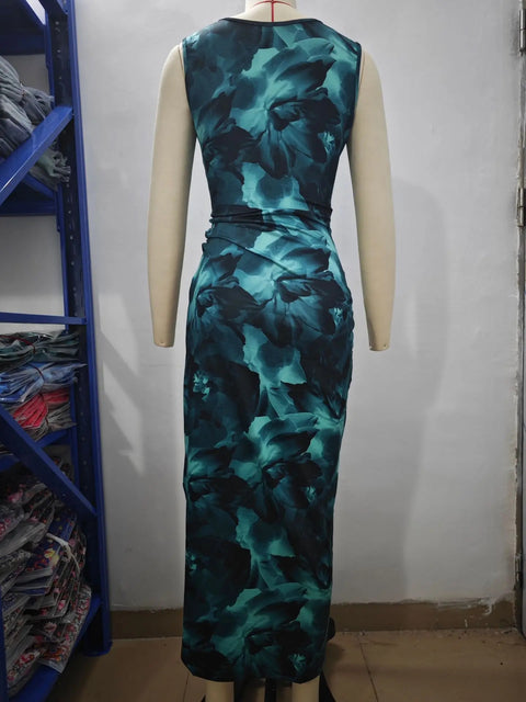 New Fashionable Printed Round Neck Style Sleeveless Tight Dress CODE: KAR3937