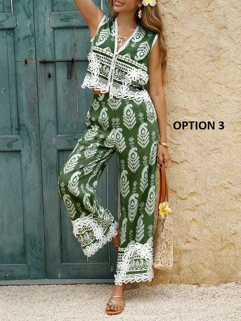 New Fashion Casual Print Color Block Vest Top Long Pants Set CODE: KAR3938