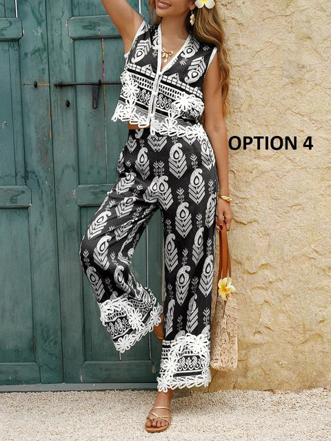 New Fashion Casual Print Color Block Vest Top Long Pants Set CODE: KAR3938