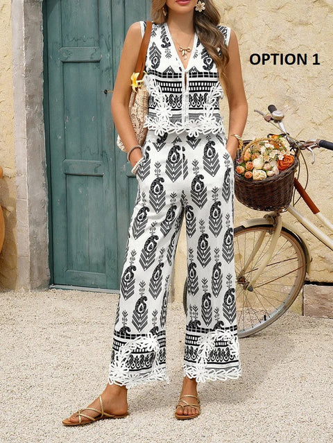 New Fashion Casual Print Color Block Vest Top Long Pants Set CODE: KAR3938