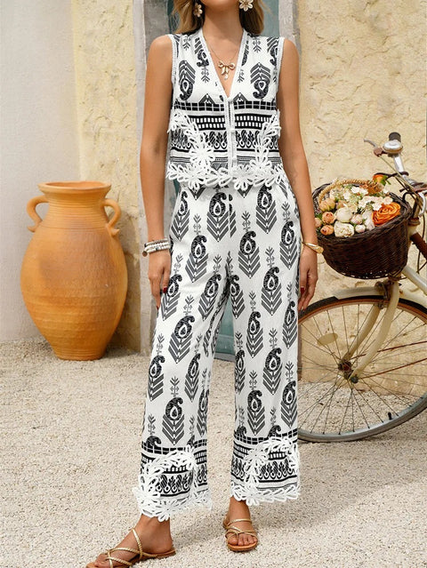 New Fashion Casual Print Color Block Vest Top Long Pants Set CODE: KAR3938